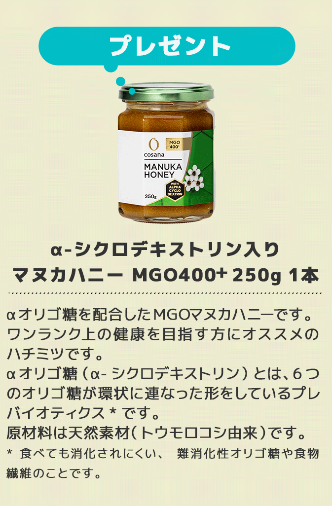 α-シクロデキストリン入りMGO400+マヌカハニー 250g 1本プレゼント